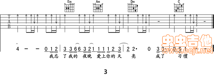 习惯吉他谱,原版歌曲,简单E调弹唱教学,六线谱指弹简谱3张图