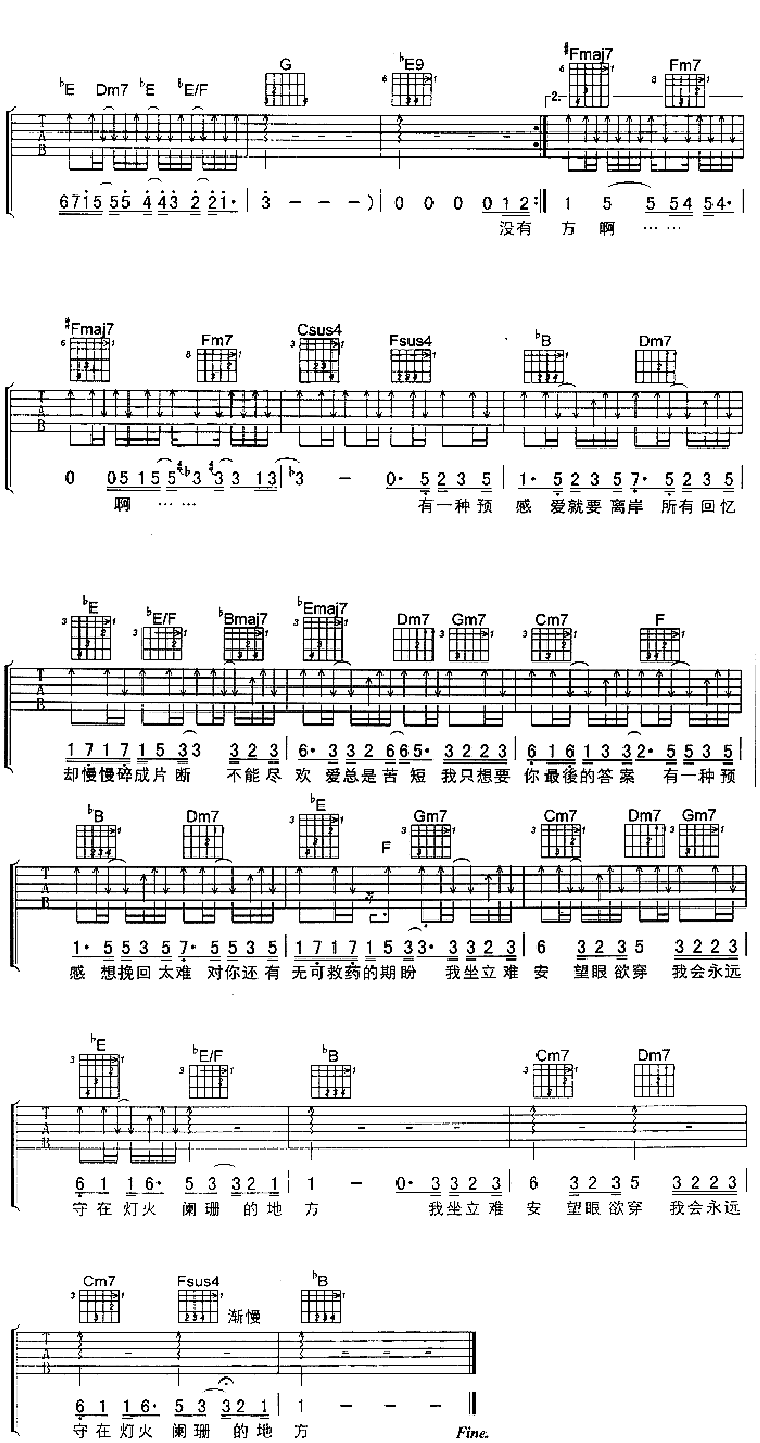 预感吉他谱,原版歌曲,简单B调弹唱教学,六线谱指弹简谱3张图