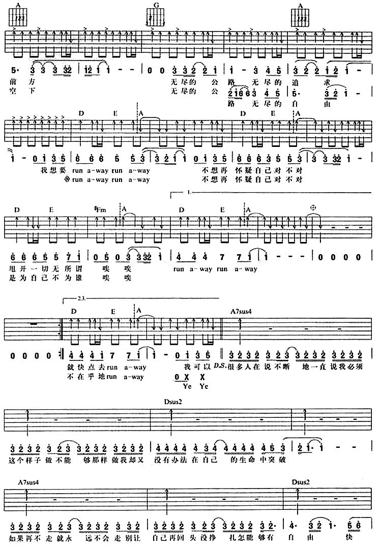 RunAway吉他谱,原版歌曲,简单A调弹唱教学,六线谱指弹简谱3张图