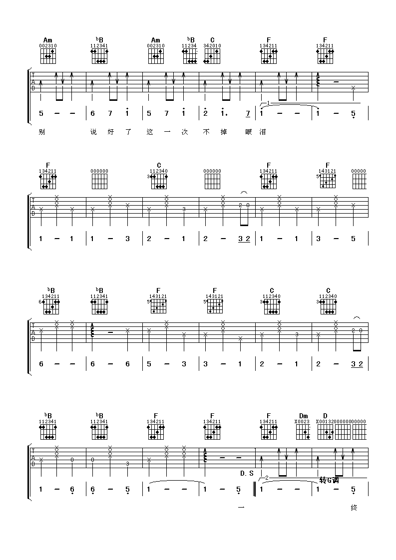 放心去飞吉他谱,小虎队歌曲,F调指弹简谱,新手弹唱