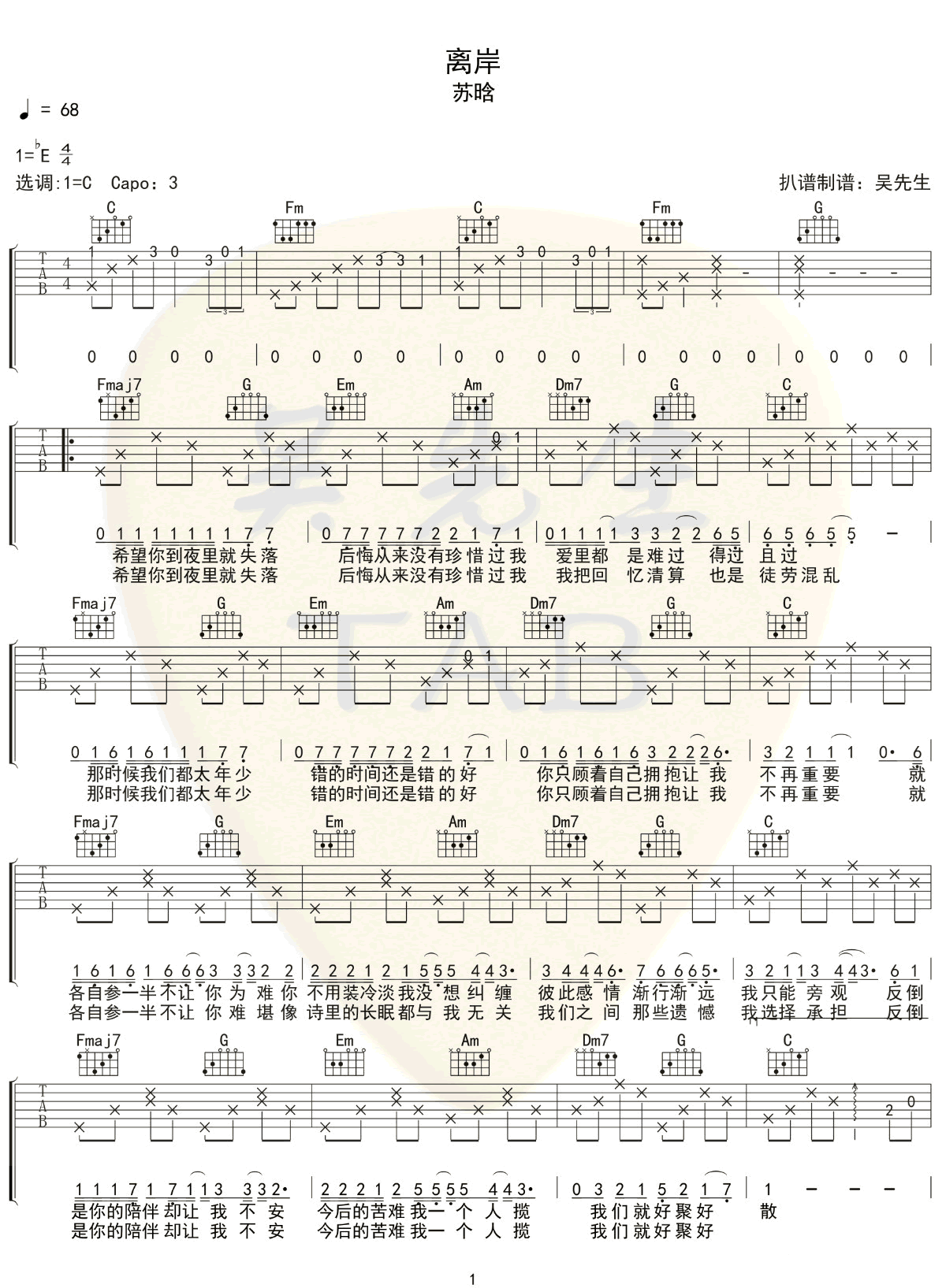 离岸吉他谱,原版苏晗歌曲,简单C调指弹曲谱,高清六线乐谱