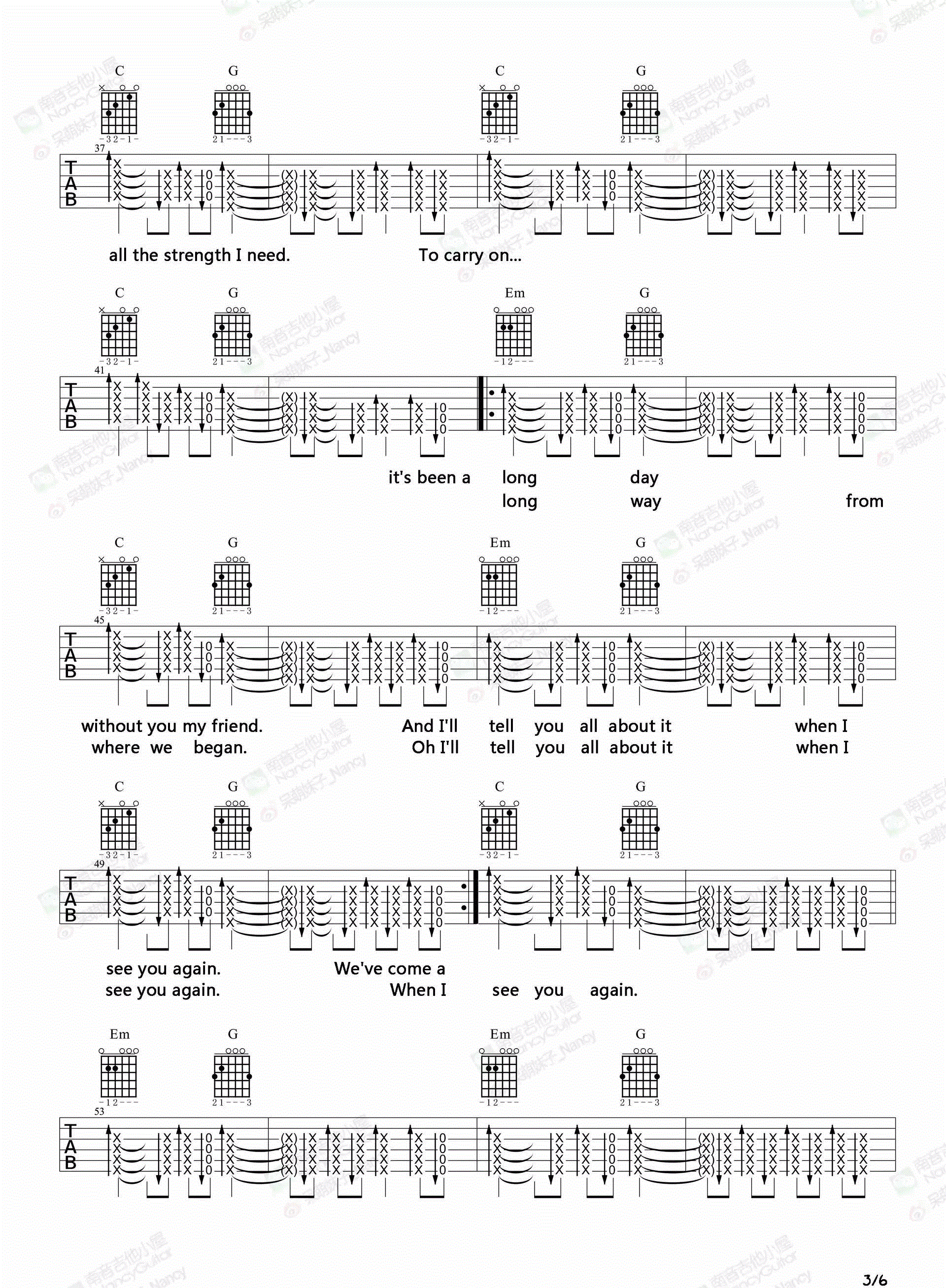 See You Again吉他谱,原版Charlie Puth歌曲,简单C调指弹曲谱,高清六线乐谱教学