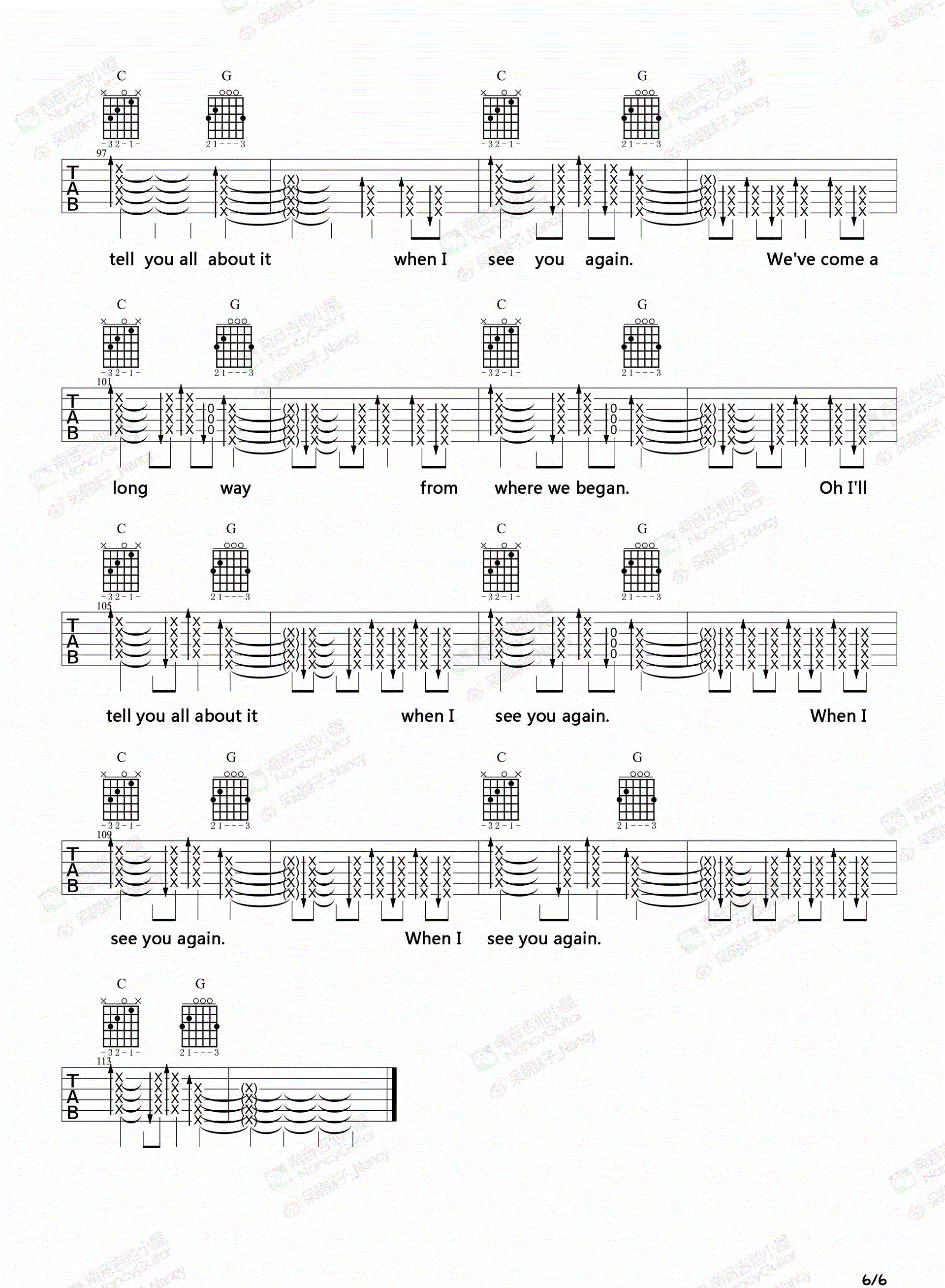 See You Again吉他谱,原版Charlie Puth歌曲,简单C调指弹曲谱,高清六线乐谱教学