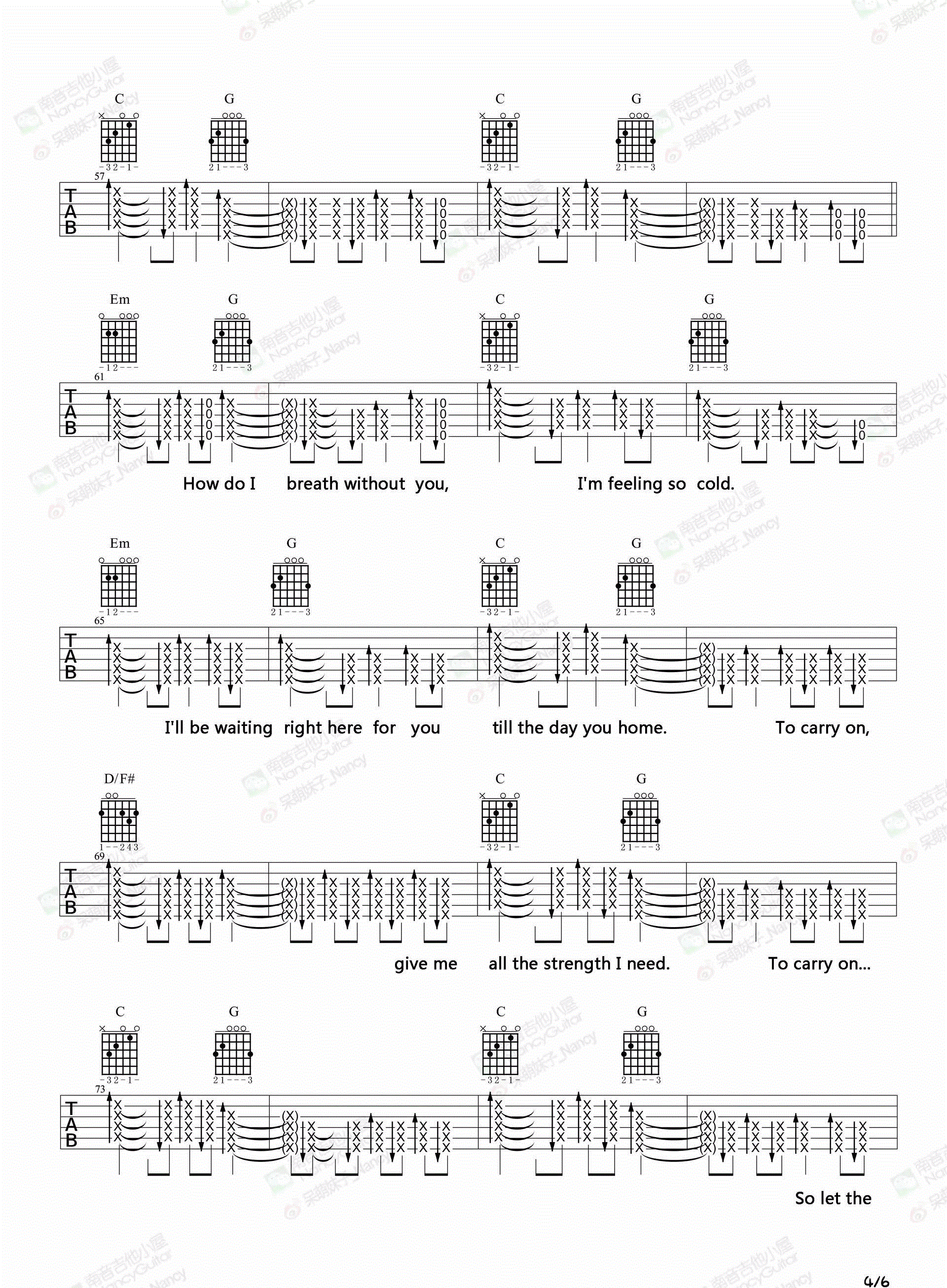 See You Again吉他谱,原版Charlie Puth歌曲,简单C调指弹曲谱,高清六线乐谱教学