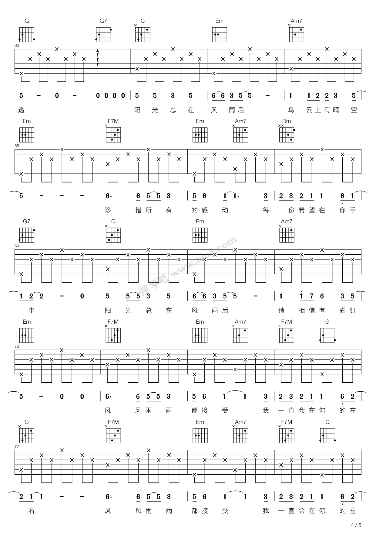 阳光总在风雨后吉他弹唱版吉他谱,原版歌曲,简单C调弹唱教学,六线谱指弹简谱17张图