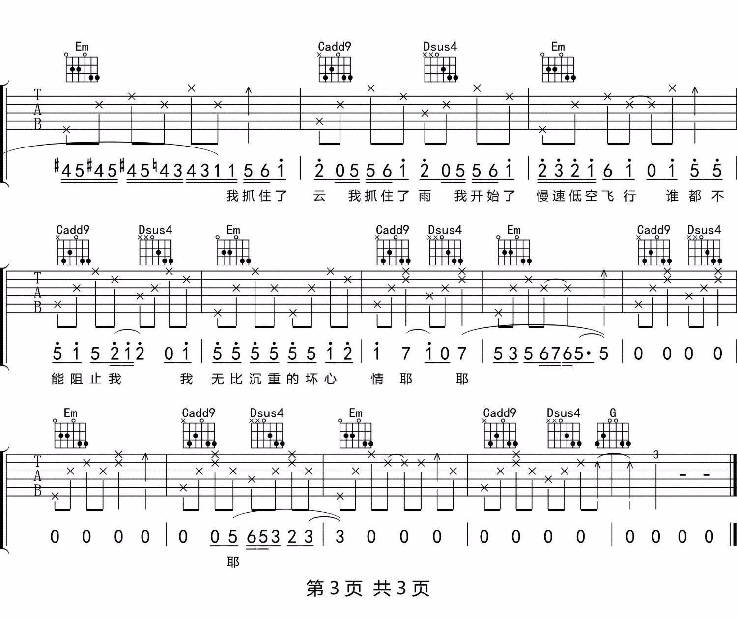 低空飞行吉他谱,原版沈以诚歌曲,简单C调指弹曲谱,高清六线乐谱