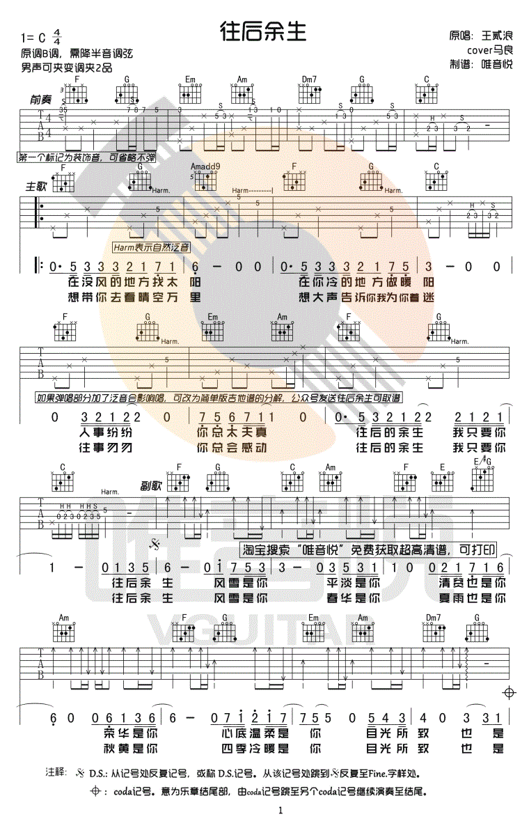 往后余生吉他谱,原版王贰浪歌曲,简单C调指弹曲谱,高清六线乐谱