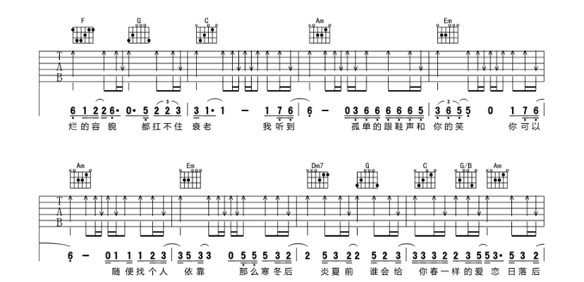 三十岁的女人吉他谱,原版歌曲,简单E调弹唱教学,六线谱指弹简谱6张图