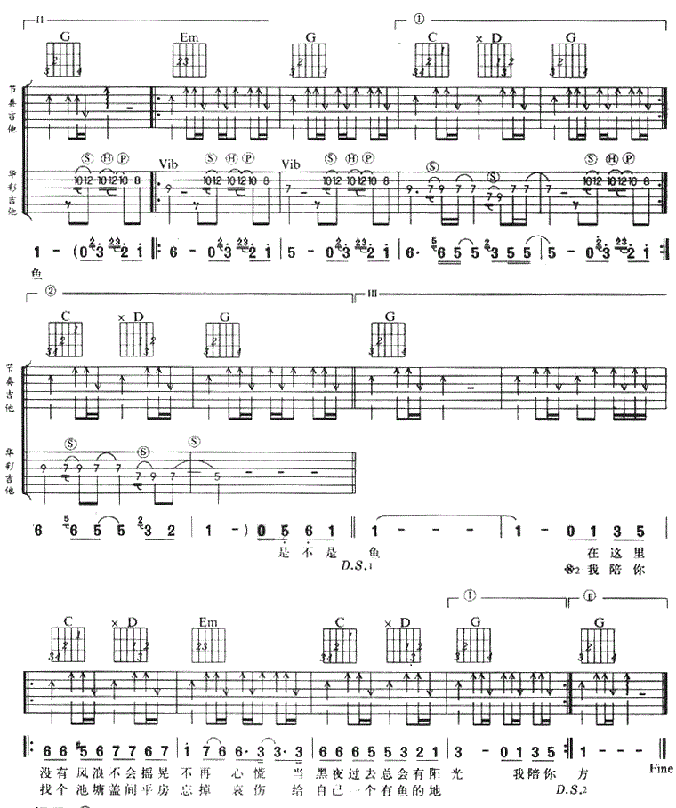 我们这里还有鱼吉他谱,原版歌曲,简单谢霆锋弹唱教学,六线谱指弹简谱完整版_G调_吉他图片谱2张图