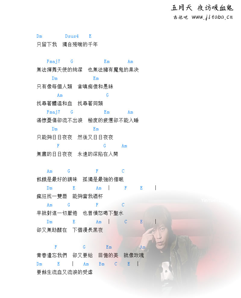 夜访吸血鬼吉他谱,简单夜访原版指弹曲谱,五月天高清流行弹唱和弦弹唱谱六线乐谱