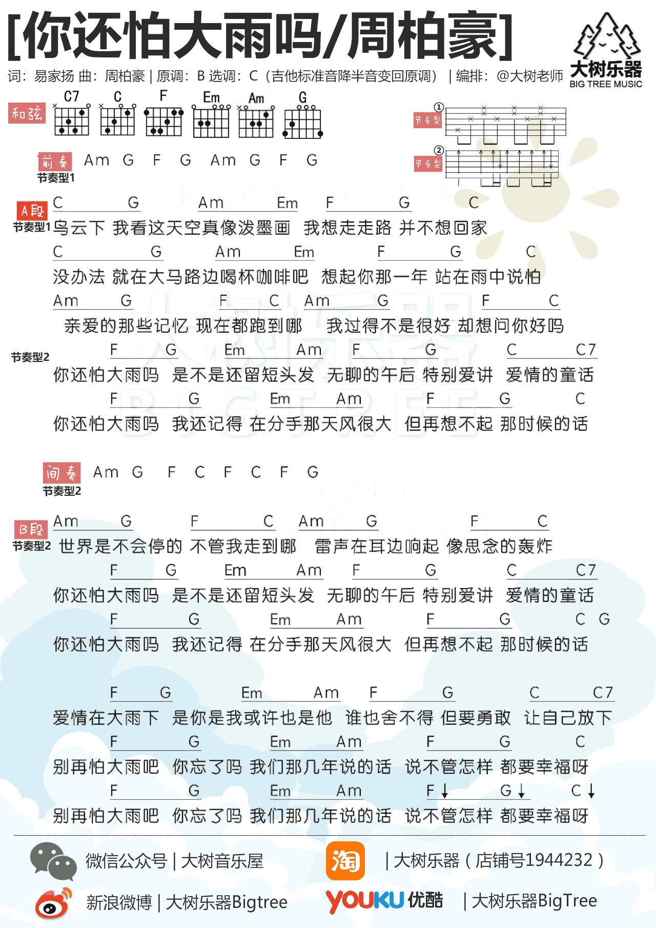 周柏豪你还怕大雨吗吉他谱,简单C调原版指弹曲谱,周柏豪高清六线乐谱