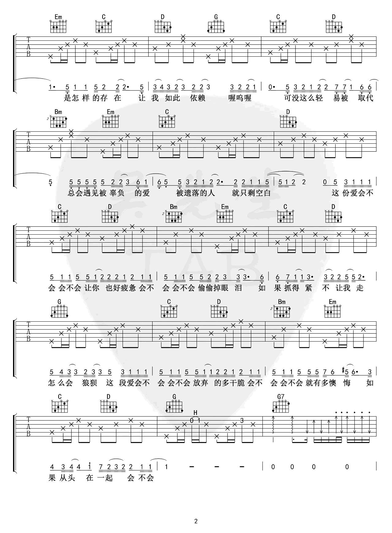 会不会(吉他版)吉他谱,原版歌曲,简单F调弹唱教学,六线谱指弹简谱4张图