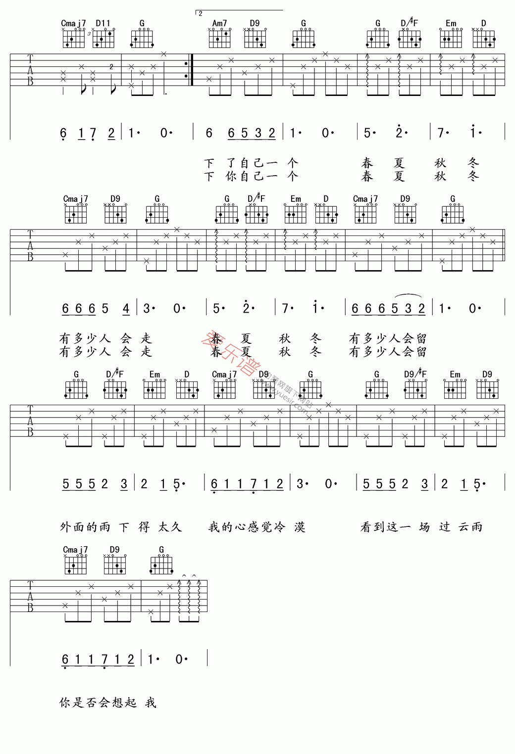 过云雨吉他谱,简单C调原版指弹曲谱,张敬轩高清流行弹唱六线乐谱