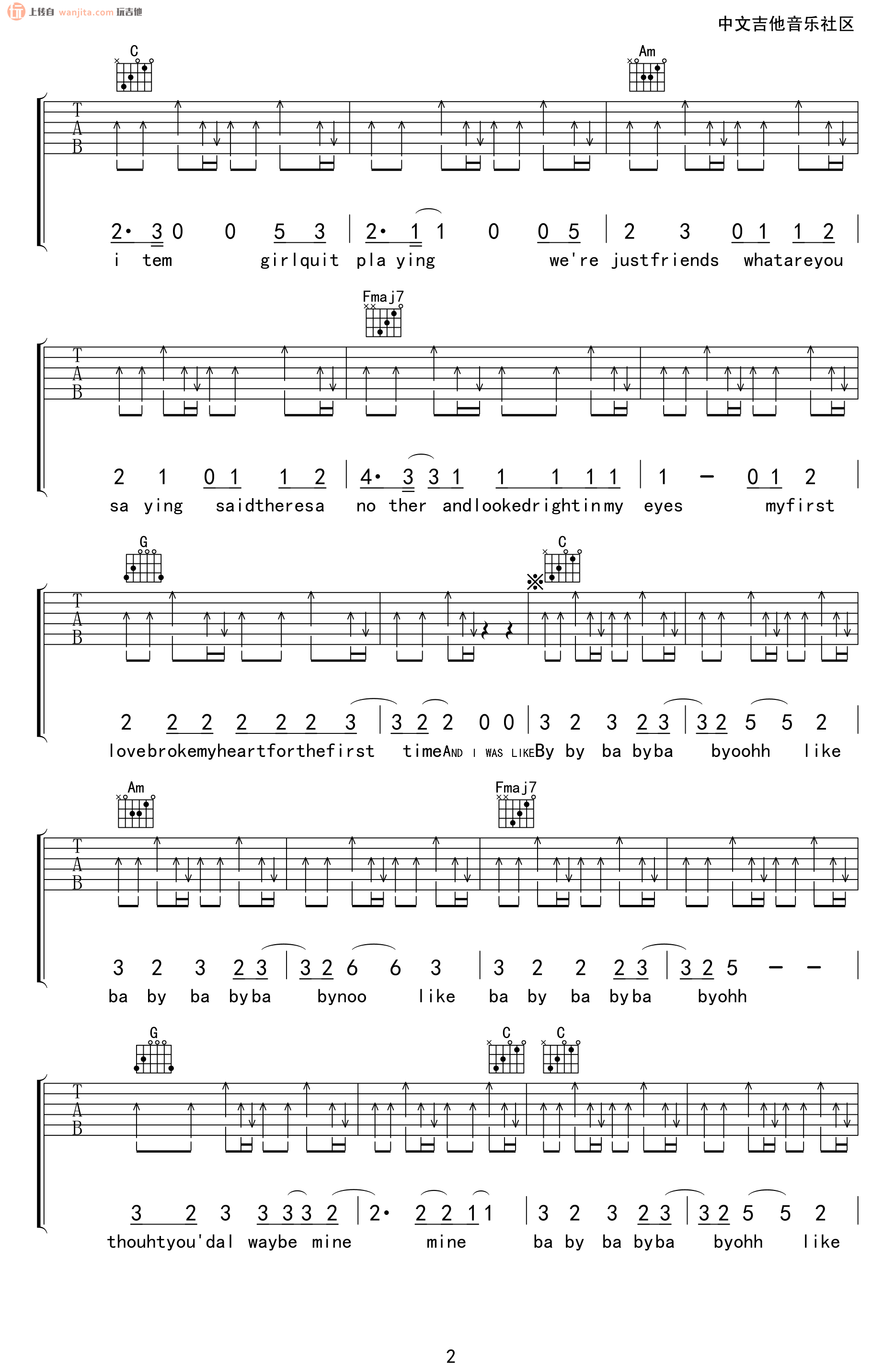 baby吉他谱,原版歌曲,简单C调弹唱教学,六线谱指弹简谱2张图