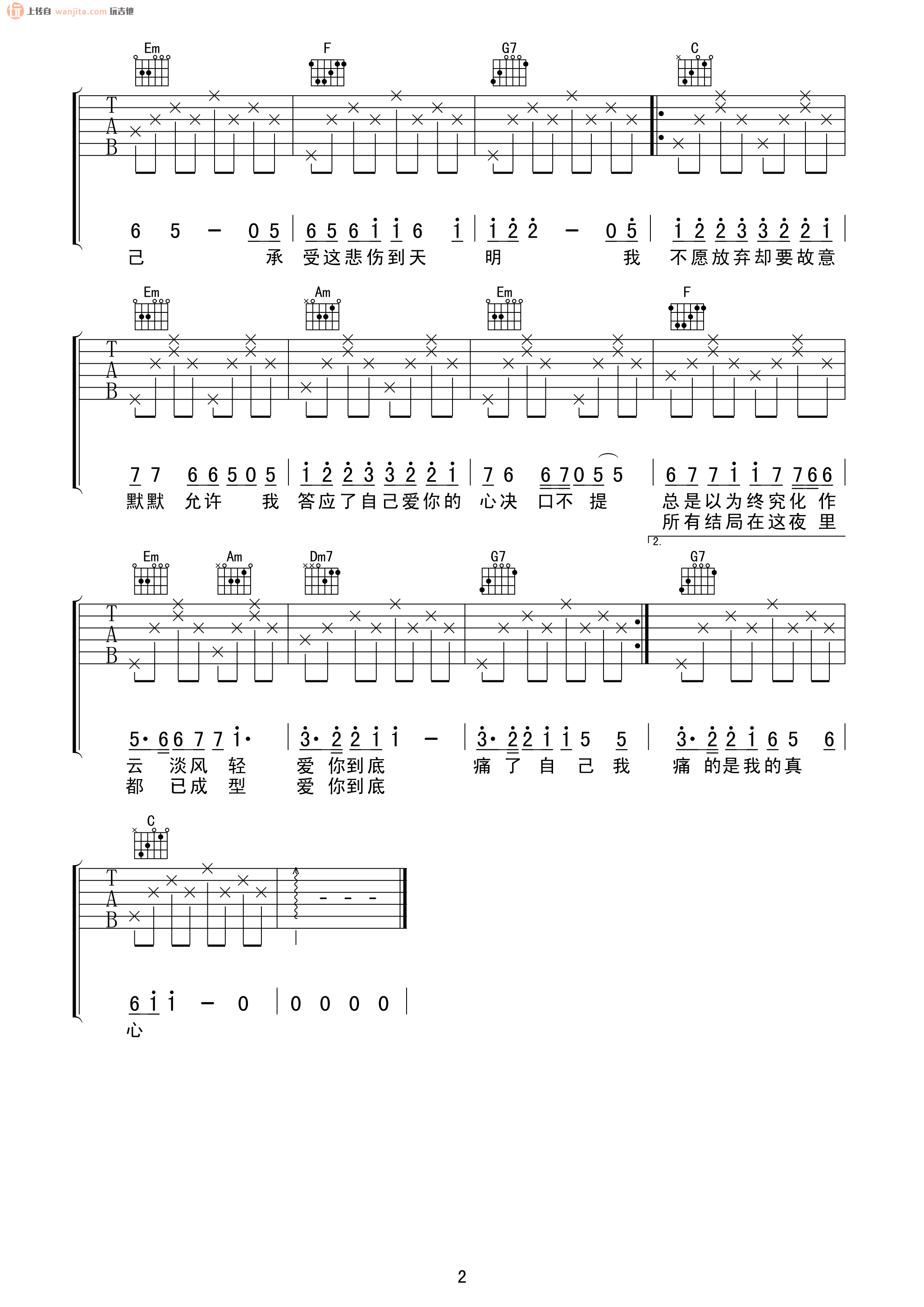 绝口不提爱你吉他谱,原版歌曲,简单C调弹唱教学,六线谱指弹简谱2张图