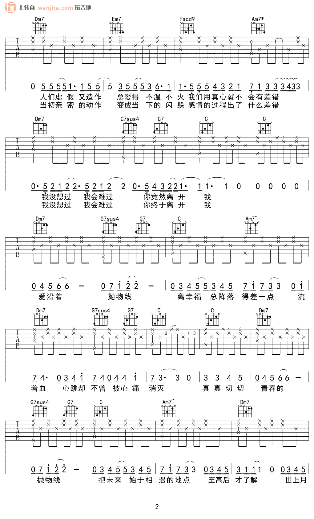 抛物线吉他谱,原版歌曲,简单E调弹唱教学,六线谱指弹简谱2张图