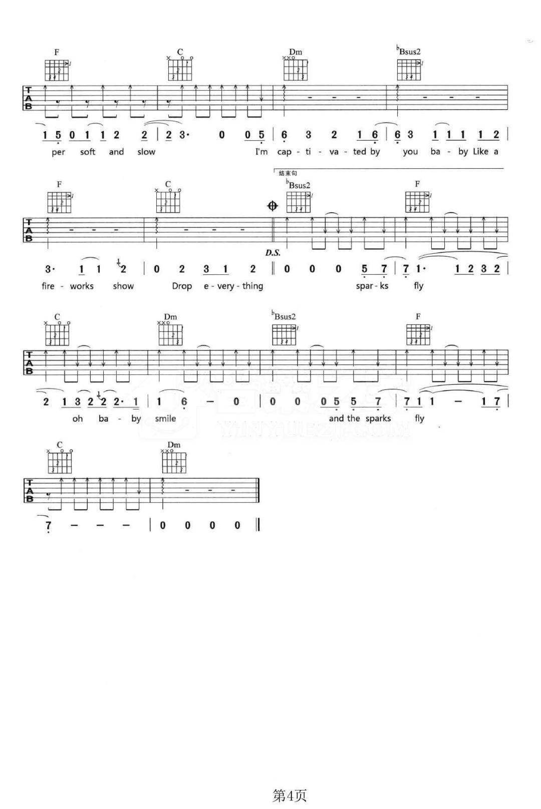 SparksFly吉他谱,原版歌曲,简单F调弹唱教学,六线谱指弹简谱4张图