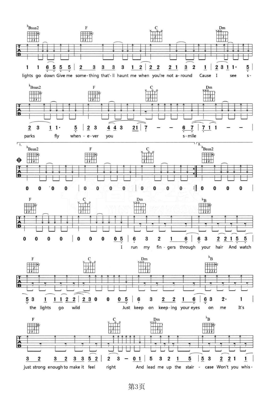 SparksFly吉他谱,原版歌曲,简单F调弹唱教学,六线谱指弹简谱4张图