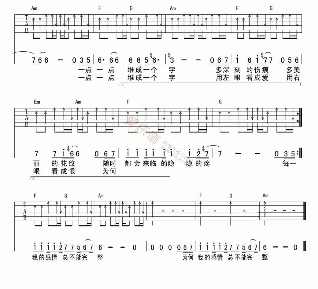 刺心吉他谱,原版歌曲,简单C调弹唱教学,六线谱指弹简谱3张图