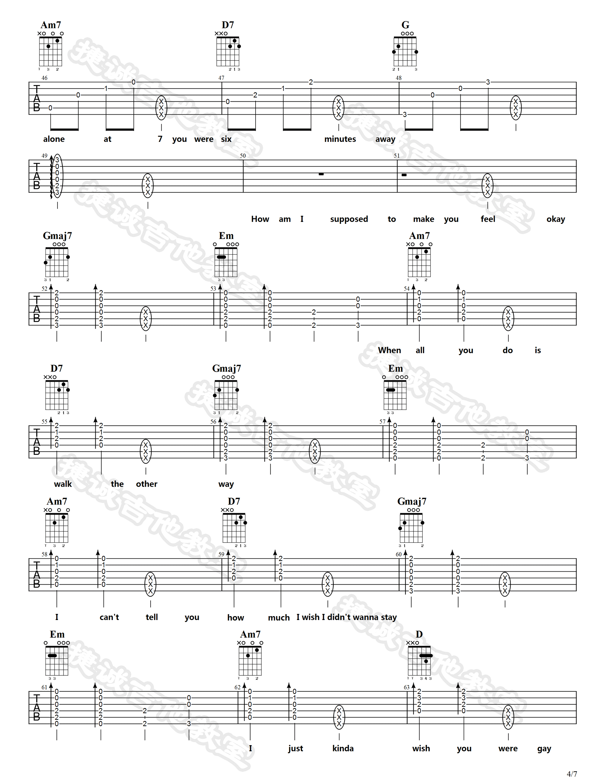 WishYouWereGay吉他谱,原版歌曲,简单G调弹唱教学,六线谱指弹简谱7张图