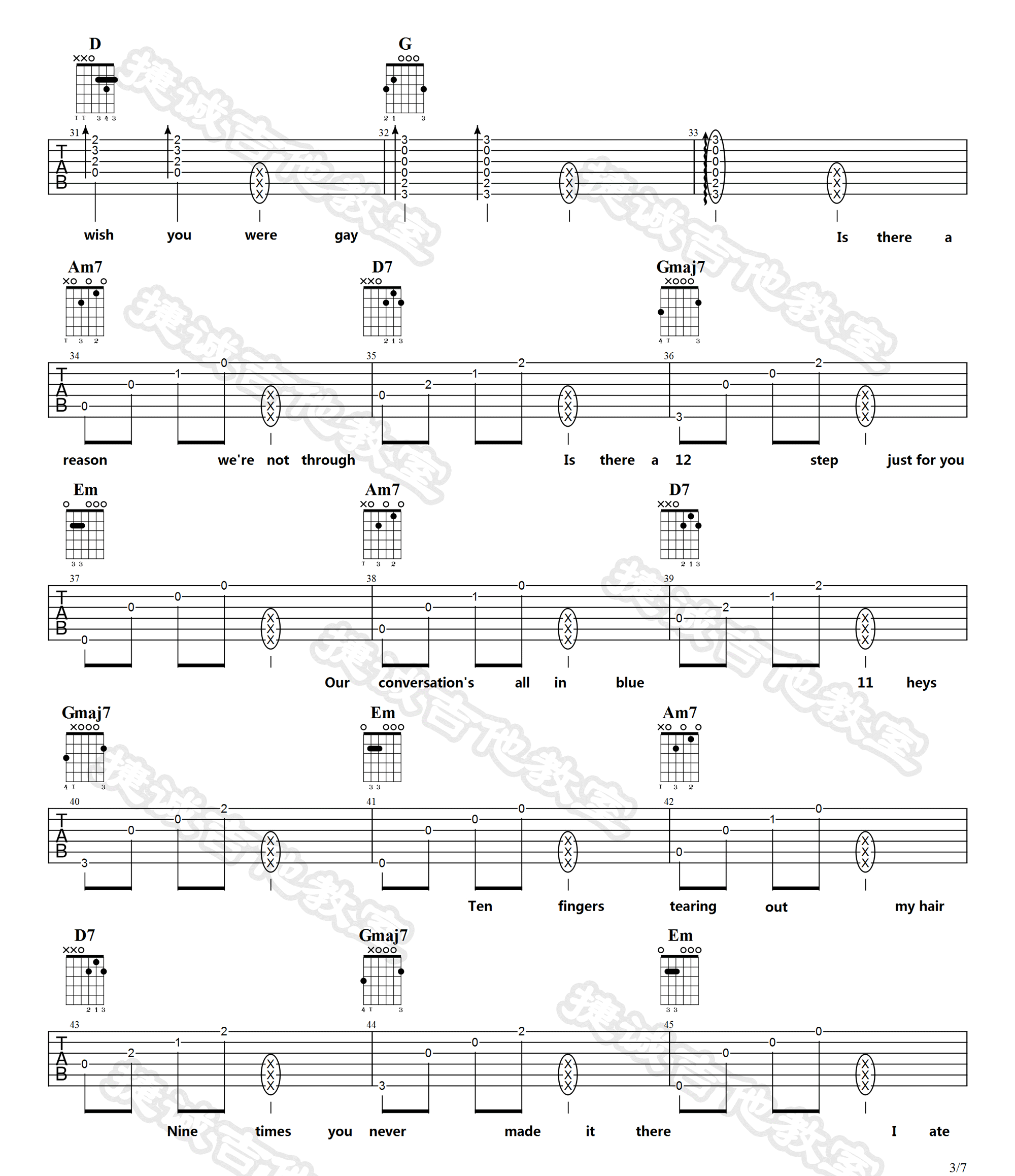 WishYouWereGay吉他谱,原版歌曲,简单G调弹唱教学,六线谱指弹简谱7张图