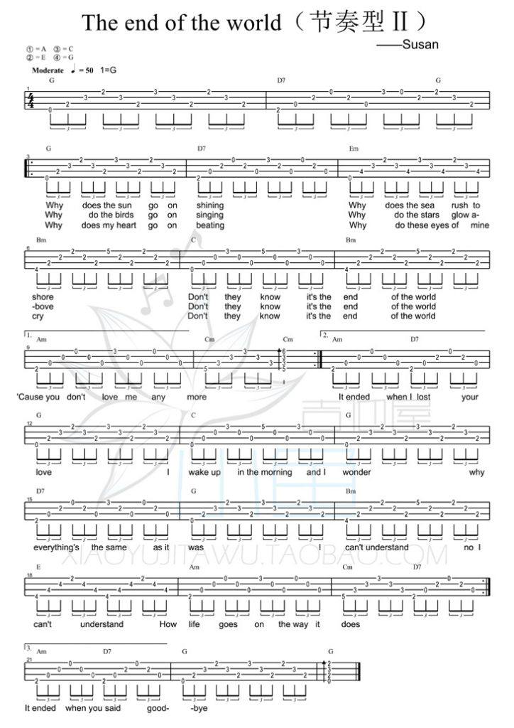 Theendoftheworld吉他谱,原版歌曲,简单G调弹唱教学,六线谱指弹简谱2张图