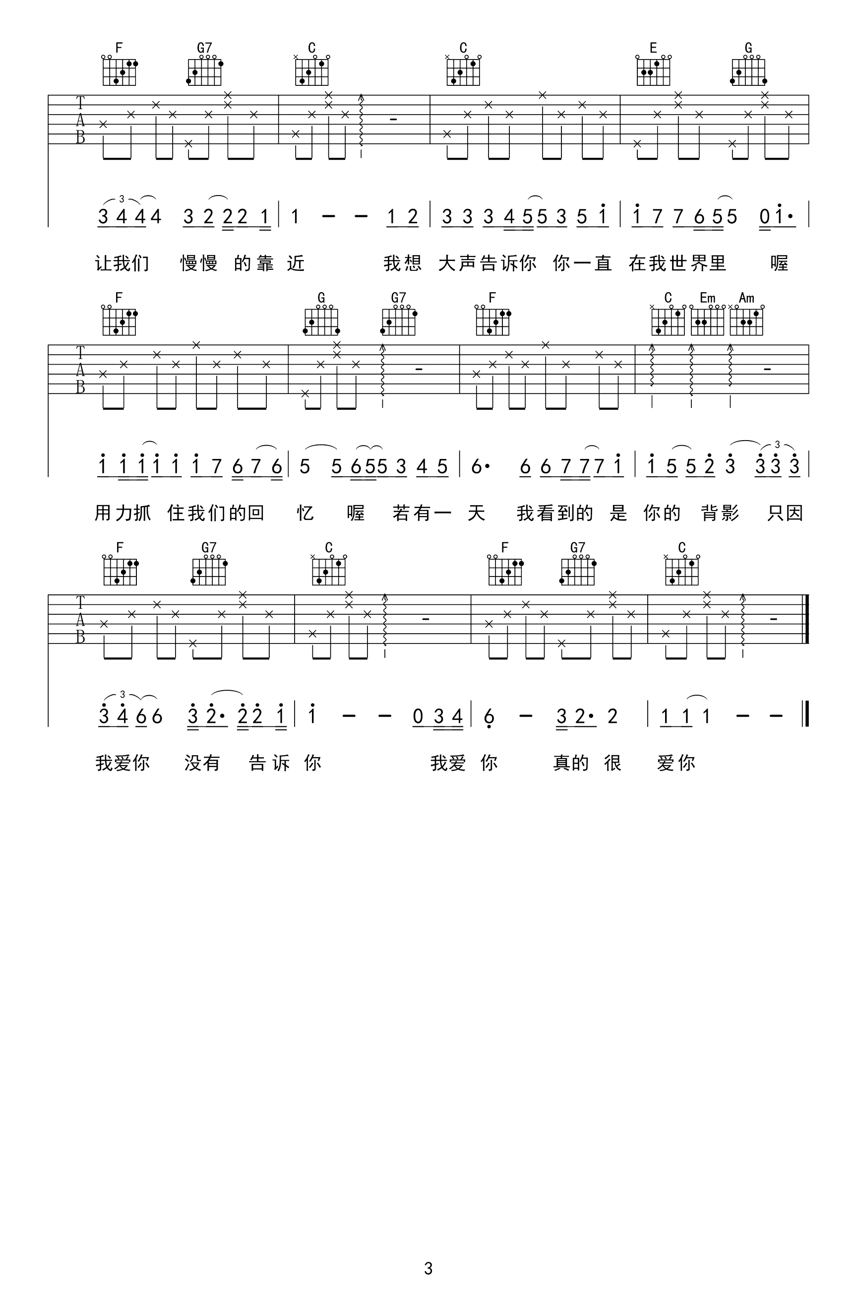 我想大声告诉你吉他谱,原版歌曲,简单C调弹唱教学,六线谱指弹简谱3张图